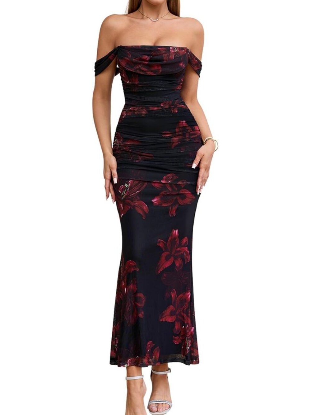 Women's Red Floral Corset Ruched Off The Shoulder Bodycon Cocktail Maxi Dress